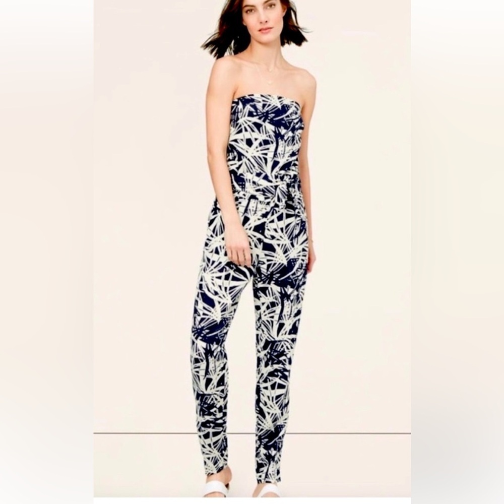 Ann Taylor Navy and Cream‎ Patterned Linen Blend Jumpsuit